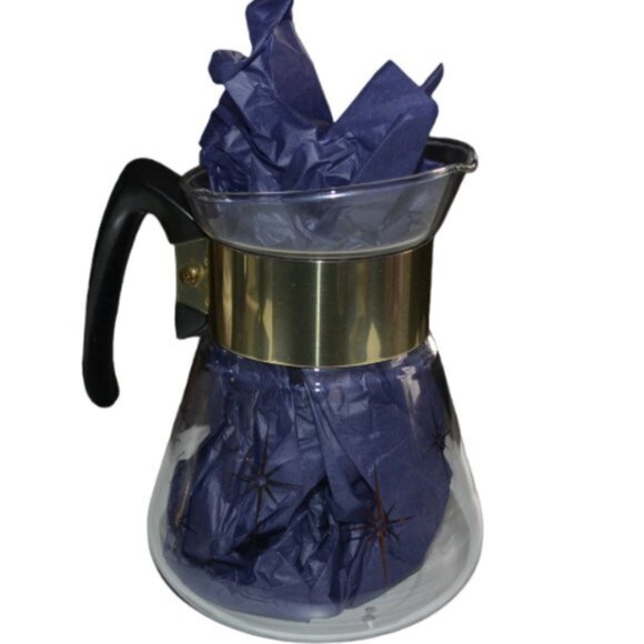 MCM Corning Clear Glass Stovetop Coffee Pot Atomic Starburst Pattern Gold Color - Picture 4 of 8